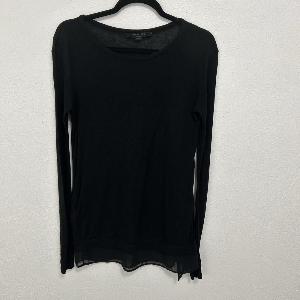 All Saints Black Linen Blend Miro Tee Sheer Split Hem Whimsigoth Grunge Sz XS